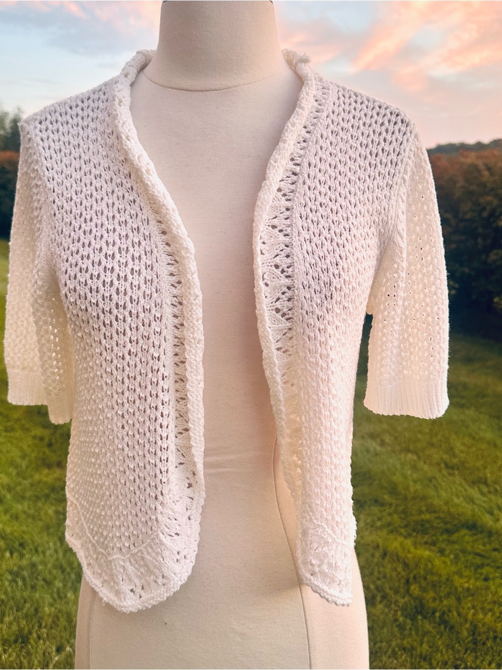 Charter Club White Openwork Short-Sleeve Women's Petite Sweater Cardigan